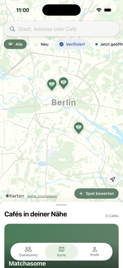 Die App zeigt eine Karte mit Matcha-Spots
